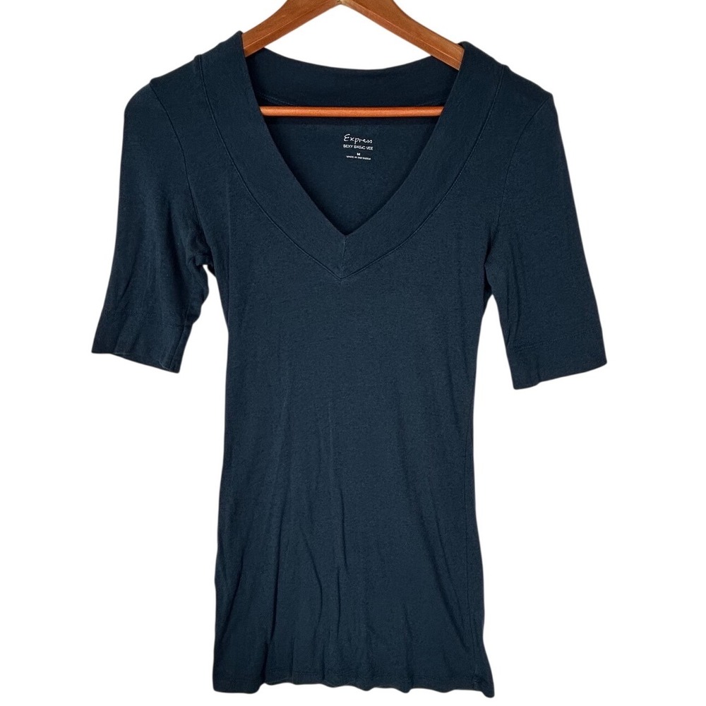 Express Navy Blue Sexy Vee Neck Long Tee Shirt Women's Size Medium